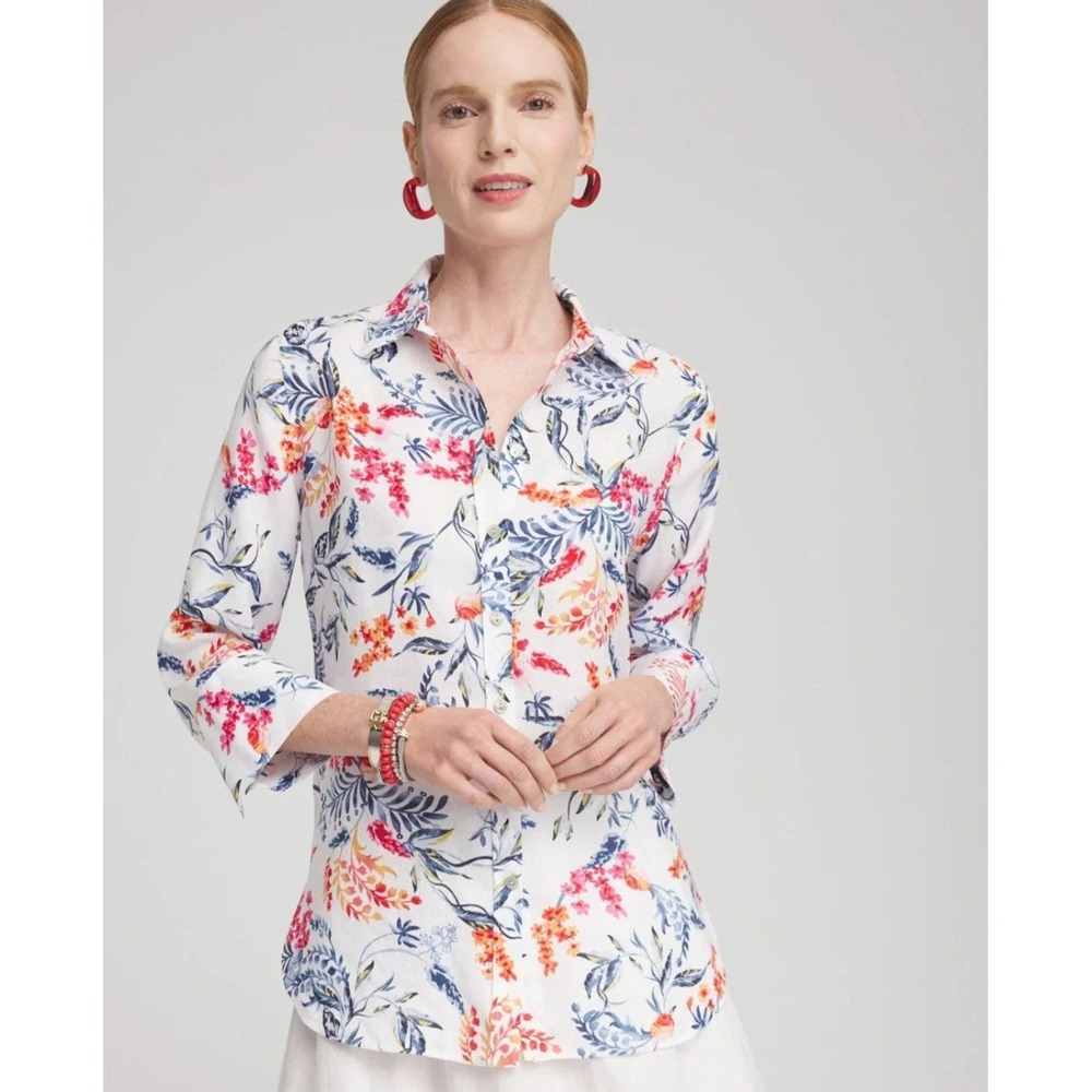 Chicos White Floral Print Linen Blend Button Up Shirt‎ 3 US 16 3/4 Sleeve